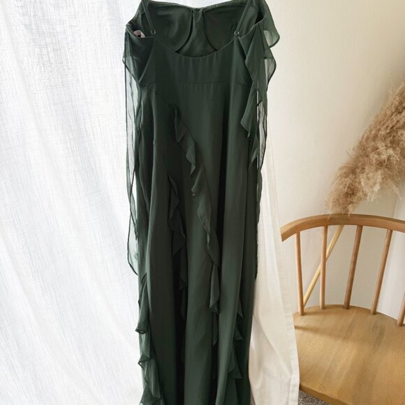 Brand New Barbie x Azazie Chiffon Ruffle Column Dress with Leg Slit Eucalyptus - Picture 8 of 8
